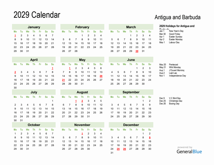 Holiday Calendar 2029 for Antigua and Barbuda (Monday Start)