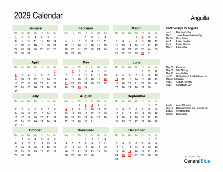 Holiday Calendar 2029 for Anguilla (Monday Start)