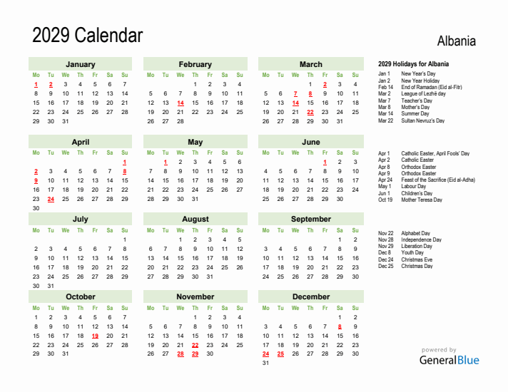 Holiday Calendar 2029 for Albania (Monday Start)