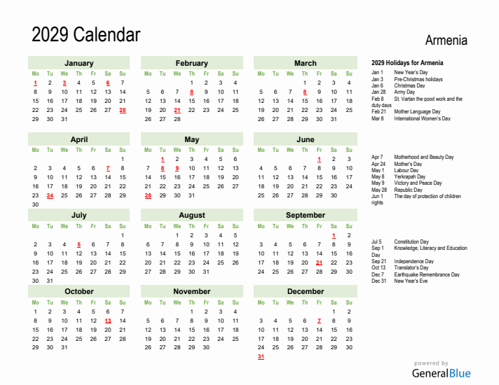 Holiday Calendar 2029 for Armenia (Monday Start)