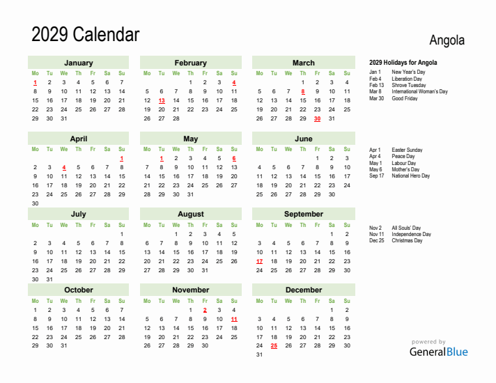 Holiday Calendar 2029 for Angola (Monday Start)