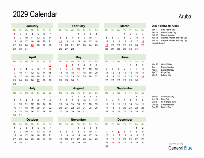 Holiday Calendar 2029 for Aruba (Monday Start)
