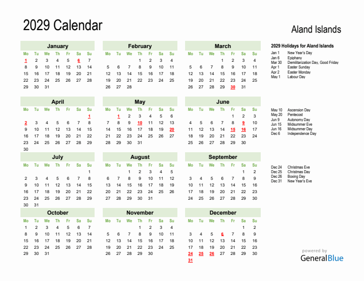 Holiday Calendar 2029 for Aland Islands (Monday Start)