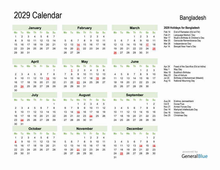 Holiday Calendar 2029 for Bangladesh (Monday Start)