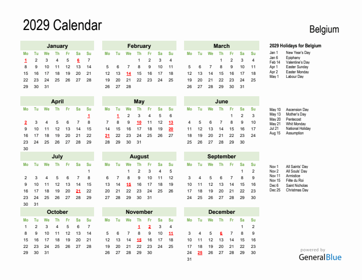 Holiday Calendar 2029 for Belgium (Monday Start)