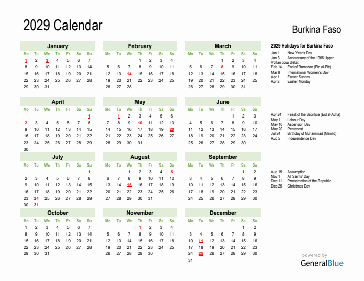 Holiday Calendar 2029 for Burkina Faso (Monday Start)