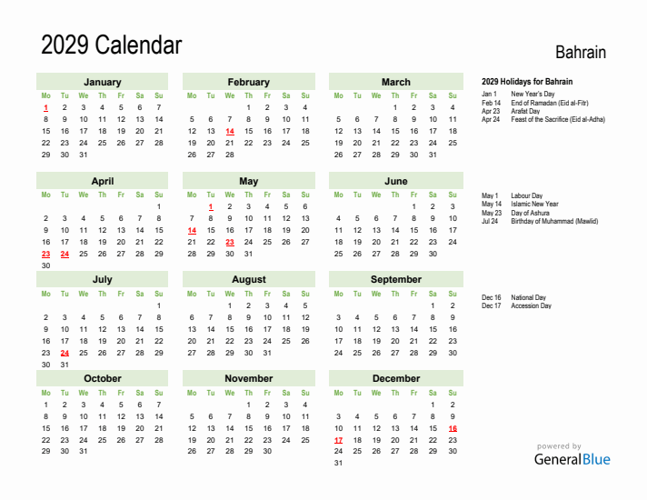 Holiday Calendar 2029 for Bahrain (Monday Start)