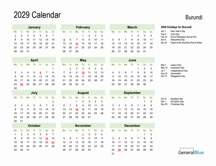 Holiday Calendar 2029 for Burundi (Monday Start)