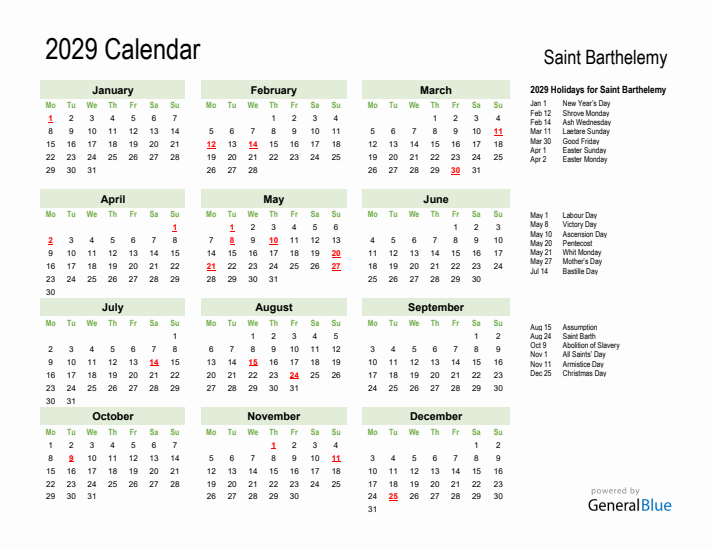 Holiday Calendar 2029 for Saint Barthelemy (Monday Start)