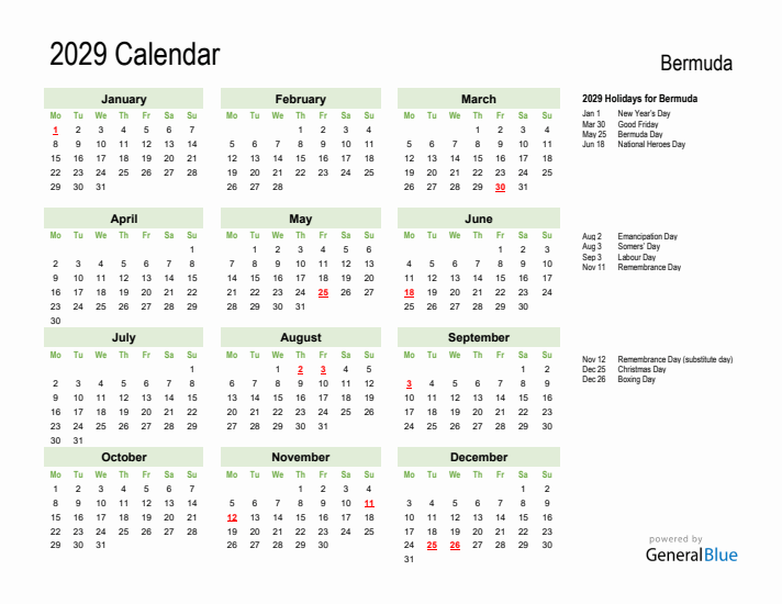 Holiday Calendar 2029 for Bermuda (Monday Start)
