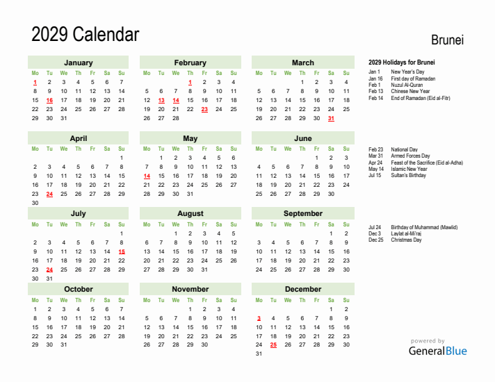 Holiday Calendar 2029 for Brunei (Monday Start)