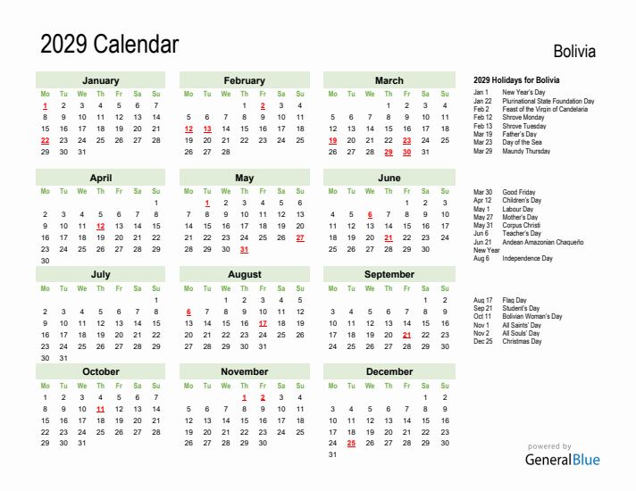 Holiday Calendar 2029 for Bolivia (Monday Start)