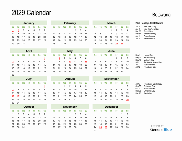 Holiday Calendar 2029 for Botswana (Monday Start)