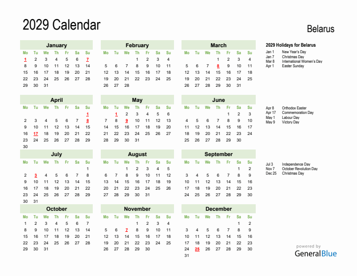 Holiday Calendar 2029 for Belarus (Monday Start)