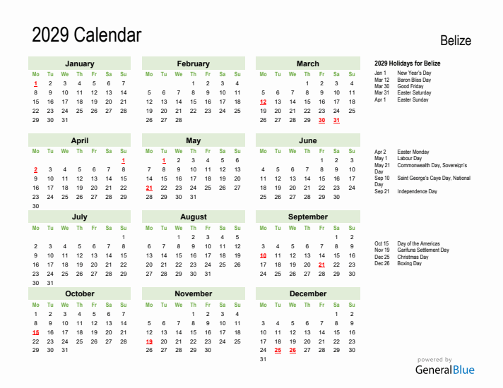 Holiday Calendar 2029 for Belize (Monday Start)