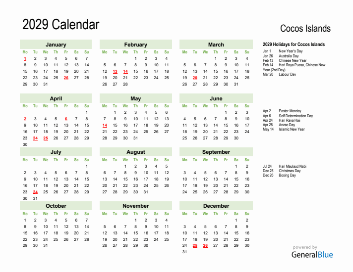 Holiday Calendar 2029 for Cocos Islands (Monday Start)