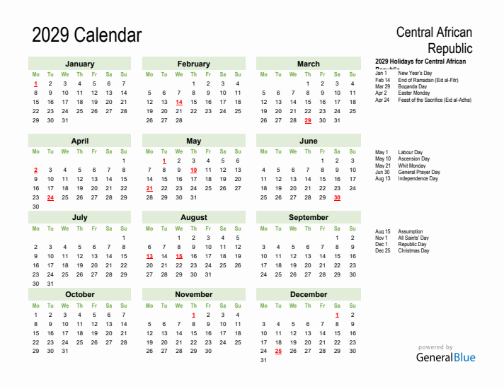 Holiday Calendar 2029 for Central African Republic (Monday Start)