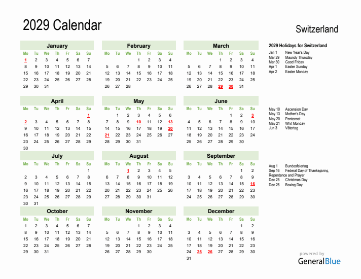 Holiday Calendar 2029 for Switzerland (Monday Start)