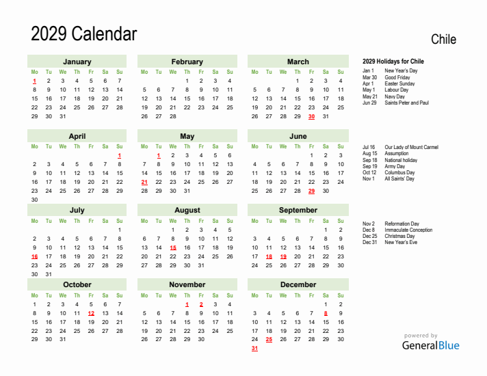 Holiday Calendar 2029 for Chile (Monday Start)