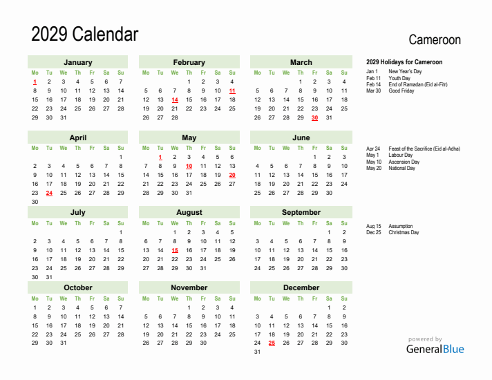 Holiday Calendar 2029 for Cameroon (Monday Start)