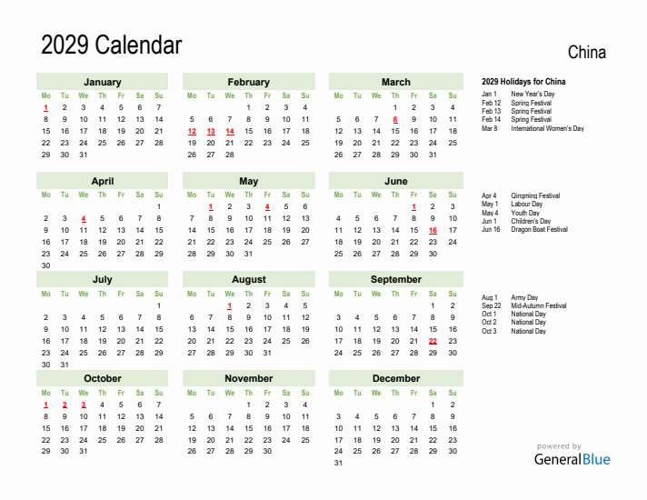 Holiday Calendar 2029 for China (Monday Start)