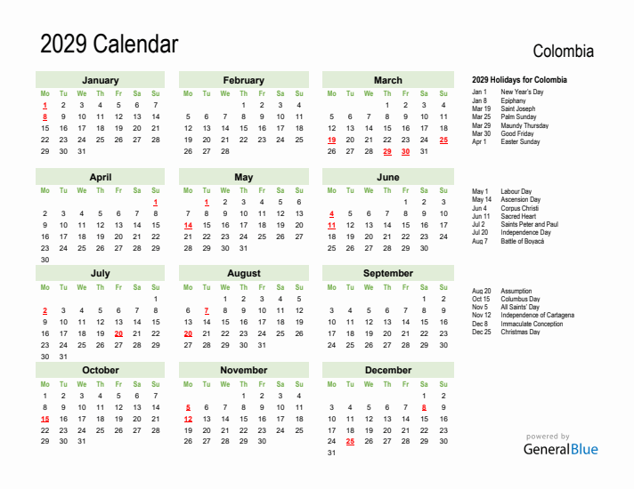 Holiday Calendar 2029 for Colombia (Monday Start)