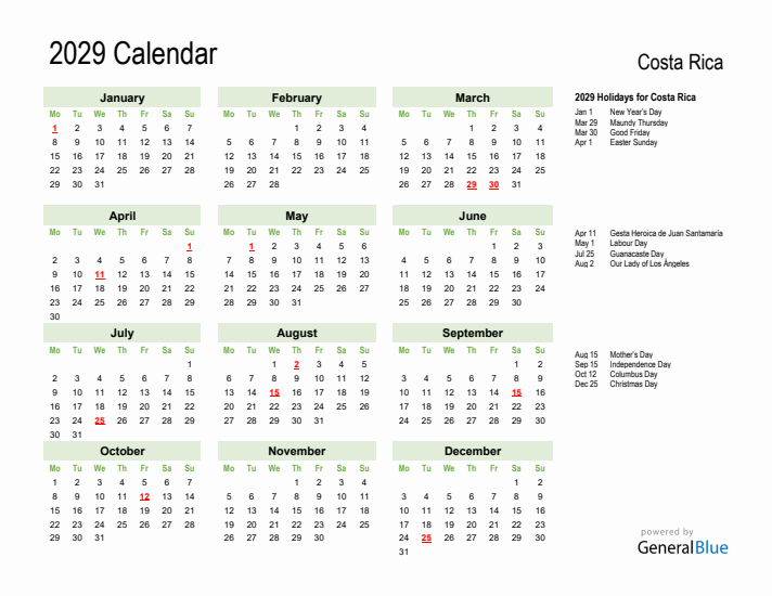 Holiday Calendar 2029 for Costa Rica (Monday Start)