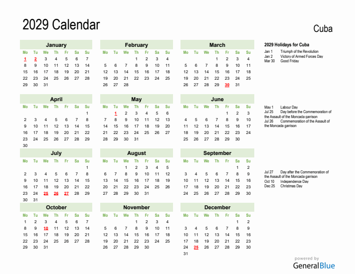 Holiday Calendar 2029 for Cuba (Monday Start)