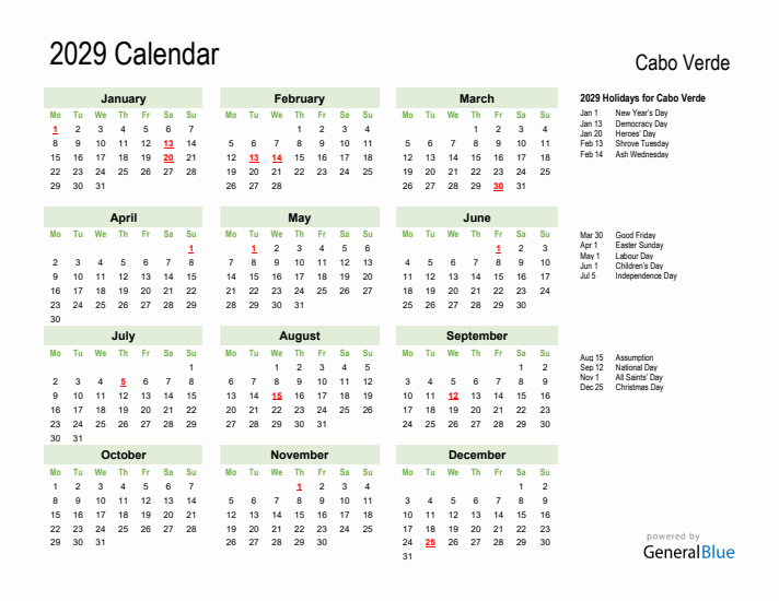 Holiday Calendar 2029 for Cabo Verde (Monday Start)