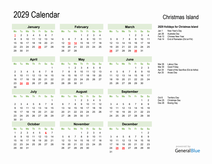 Holiday Calendar 2029 for Christmas Island (Monday Start)