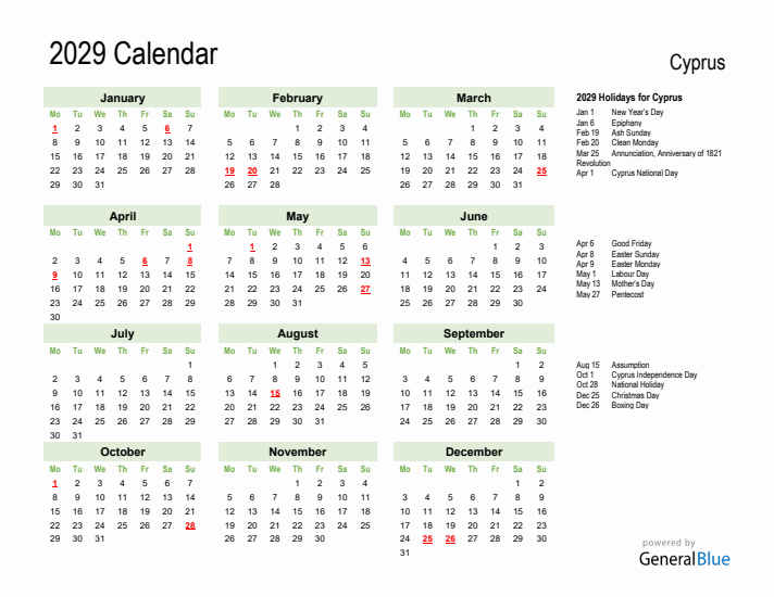 Holiday Calendar 2029 for Cyprus (Monday Start)