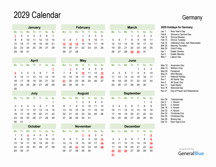 Holiday Calendar 2029 for Germany (Monday Start)