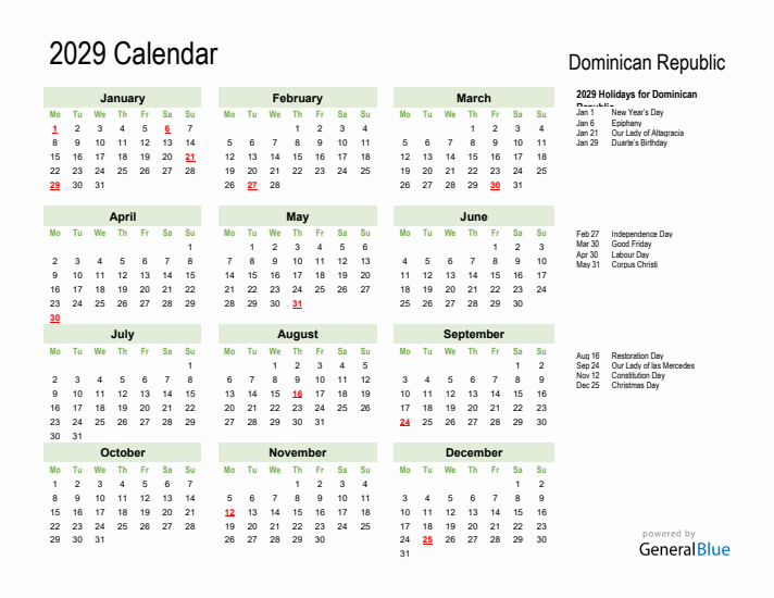 Holiday Calendar 2029 for Dominican Republic (Monday Start)