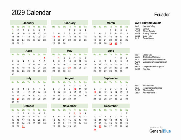 Holiday Calendar 2029 for Ecuador (Monday Start)