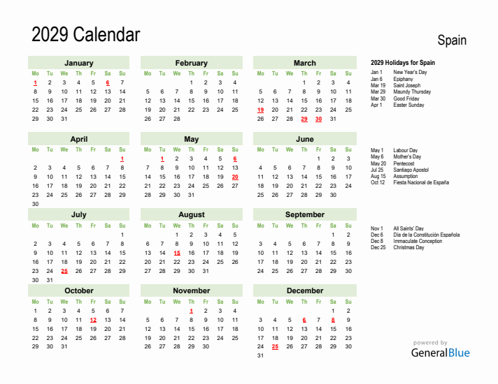 Holiday Calendar 2029 for Spain (Monday Start)
