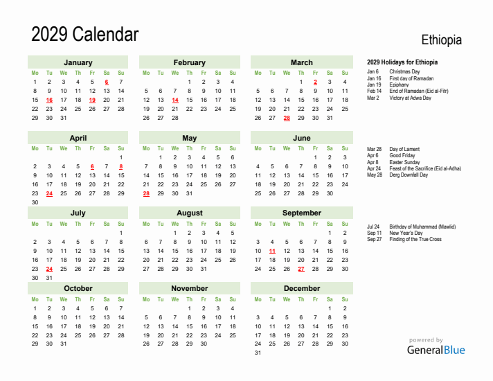 Holiday Calendar 2029 for Ethiopia (Monday Start)