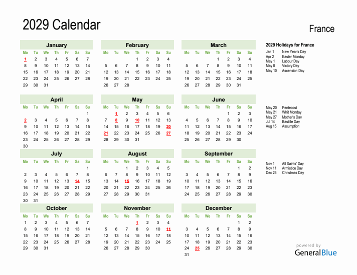 Holiday Calendar 2029 for France (Monday Start)