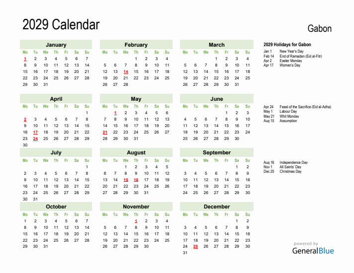 Holiday Calendar 2029 for Gabon (Monday Start)