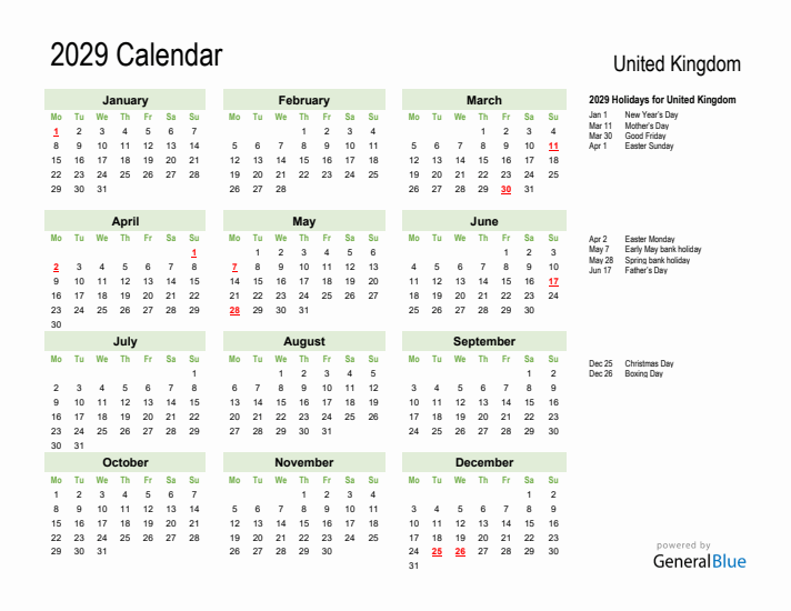 Holiday Calendar 2029 for United Kingdom (Monday Start)
