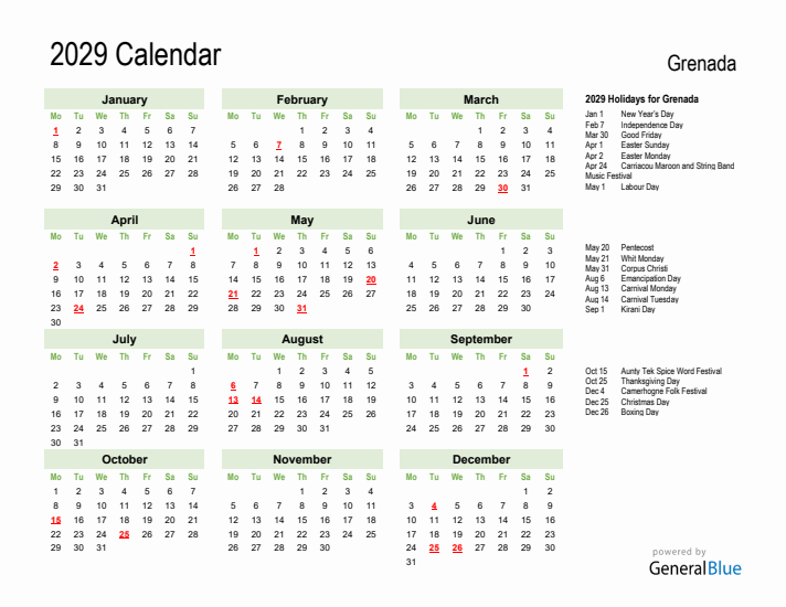 Holiday Calendar 2029 for Grenada (Monday Start)