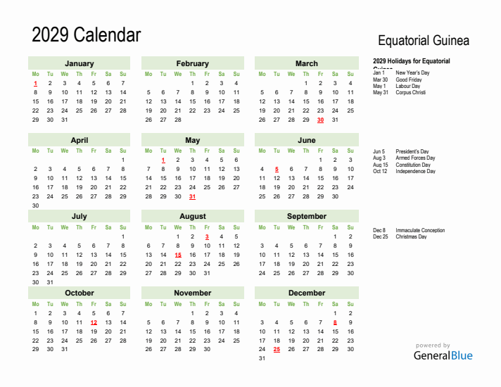 Holiday Calendar 2029 for Equatorial Guinea (Monday Start)