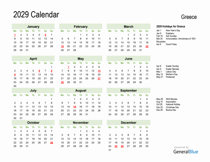 Holiday Calendar 2029 for Greece (Monday Start)