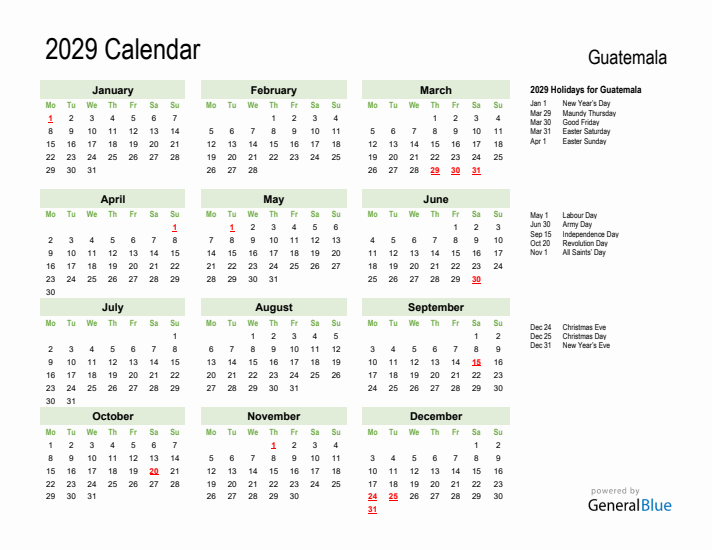 Holiday Calendar 2029 for Guatemala (Monday Start)