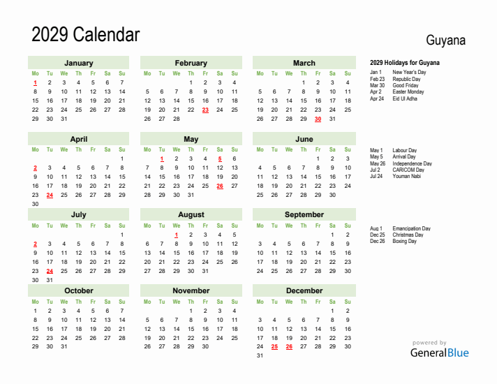 Holiday Calendar 2029 for Guyana (Monday Start)