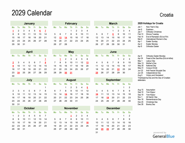 Holiday Calendar 2029 for Croatia (Monday Start)