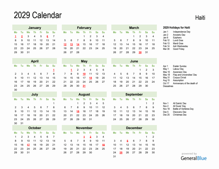 Holiday Calendar 2029 for Haiti (Monday Start)