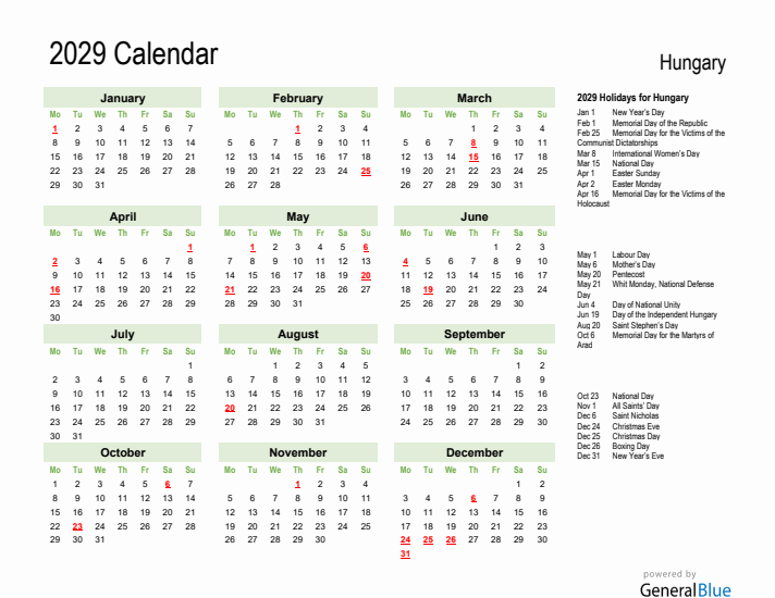Holiday Calendar 2029 for Hungary (Monday Start)