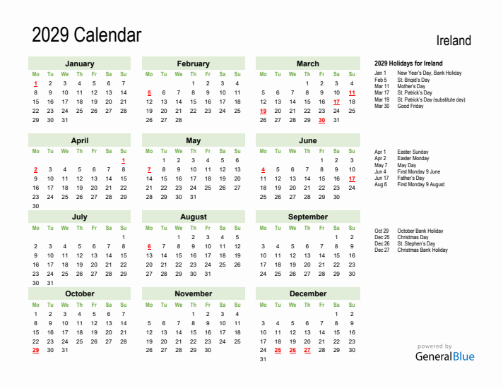 Holiday Calendar 2029 for Ireland (Monday Start)