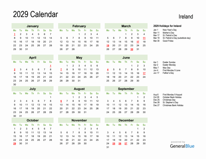 Holiday Calendar 2029 for Ireland (Monday Start)