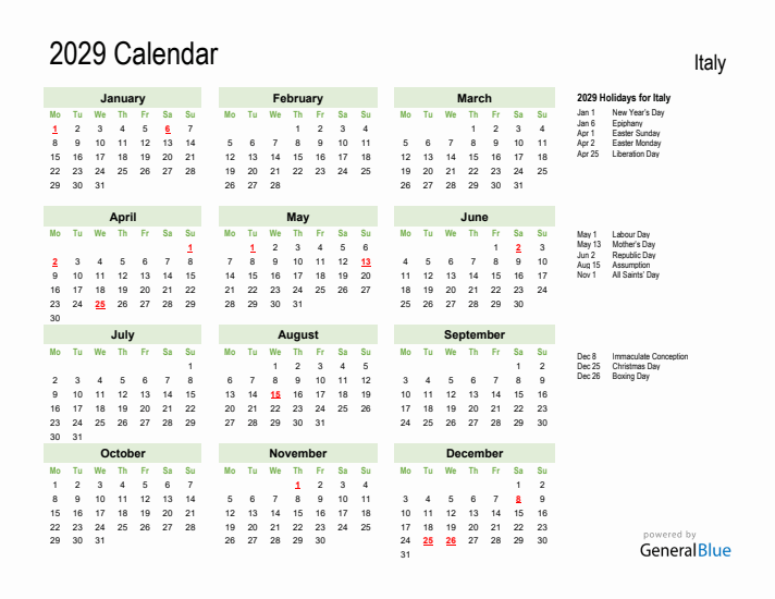Holiday Calendar 2029 for Italy (Monday Start)